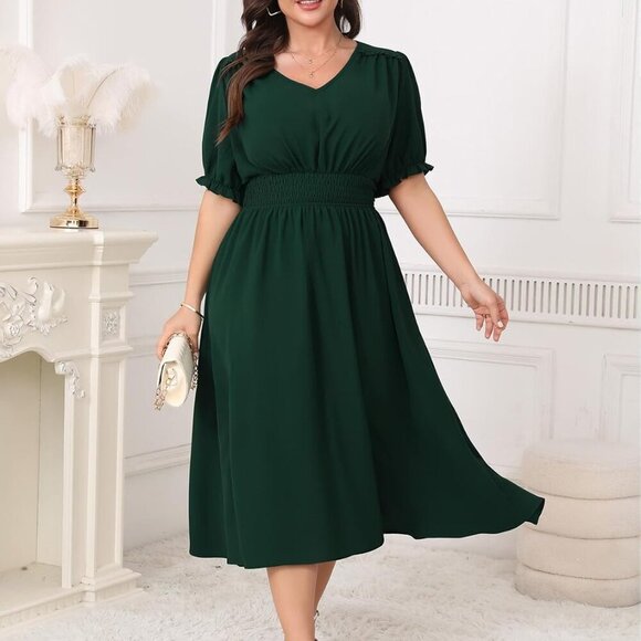 Women's Plus Size Midi Dress V Neck Short Sleeve Boho Elegant Wedding Party - Picture 5 of 6